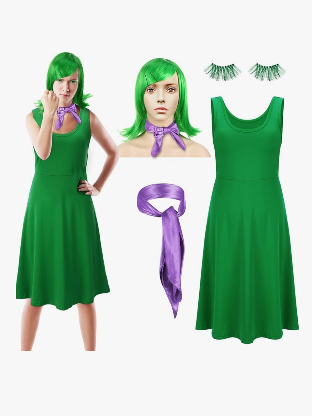 Green Sleeveless A-Line Dress with Purple Scarf & Wig Set
